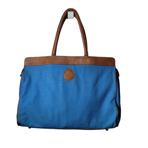 Blue & Brown Canvas & Faux Leather Avon Tote Bag With Anchor Logo 21" W X 15.5" - Picture 1 of 11